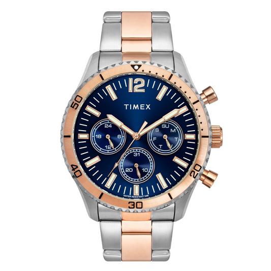 TIMEX E-CLASS PREMIUM-SPORT COLLECTION MULTIFUNCTION MEN ANALOG BLUE DIAL COLOURED QUARTZ WATCH, ROUND DIAL WITH 43 MM CASE WIDTH - TWEG22202