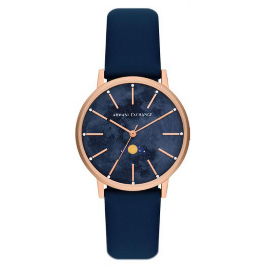 Armani Exchange Multifunction Moonphase Blue Leather Watch and Rose-Tone Brass Necklace Set AX7149SET