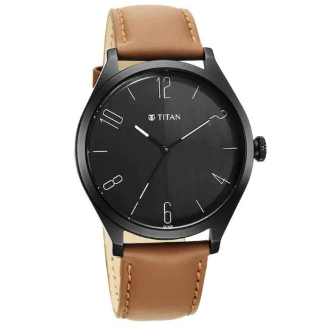 TITAN Workwear Black Dial Leather Strap Watch 1865NL01