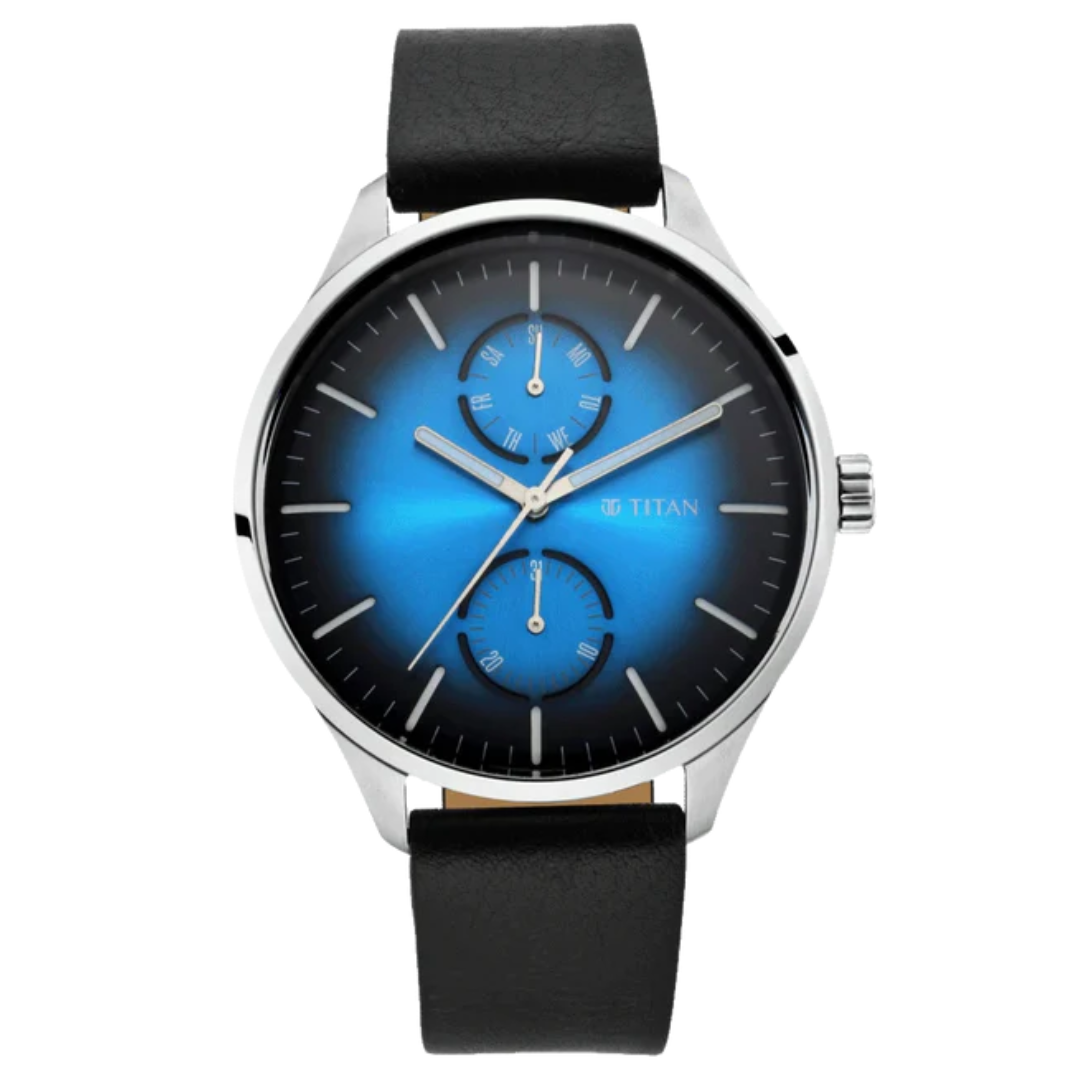 TITAN Evoke Gradient Blue Dial Black Leather Strap Watch NQ1833SL03