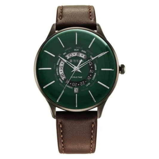 Titan World Time Green Dial Leather Strap Watch 90145QL01