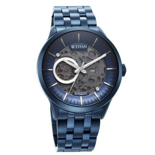 Titan Metal Mechanicals Blue Dial Stainless Steel Strap Watch  NR90140QM03