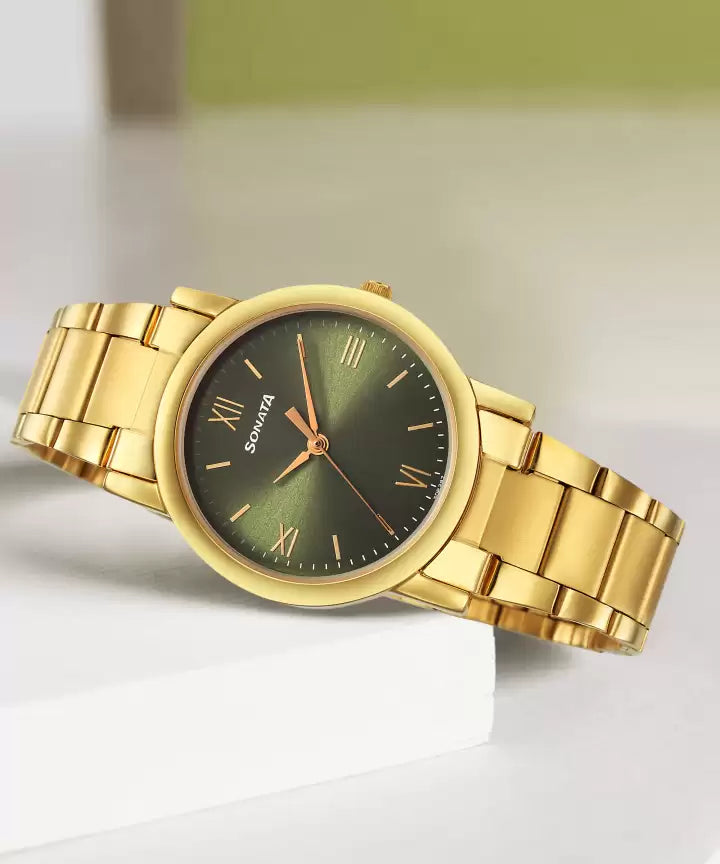 Sonata Classic Quartz Analog Green Dial Golden Stainless Steel Strap Watch for Men 7987ym15w