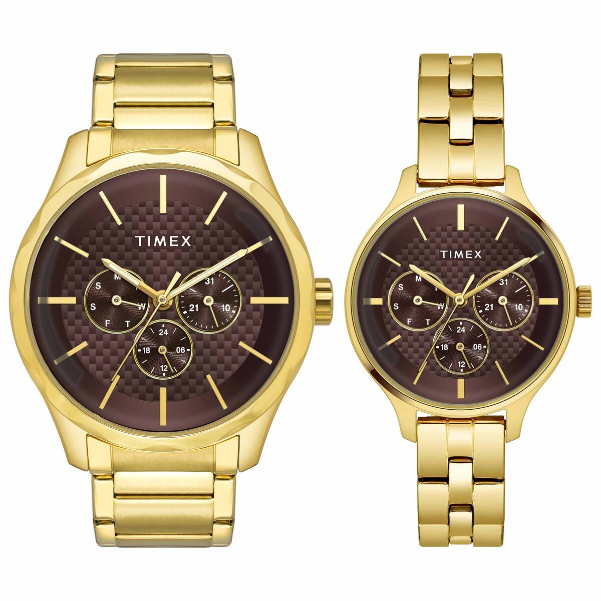 TIMEX FASHION COLLECTION PREMIUM QUALITY MULTIFUNCTION PAIR'S ANALOG BROWN DIAL COLOURED QUARTZ WATCH, ROUND DIAL WITH 44 MM CASE WIDTH - TW00PR297