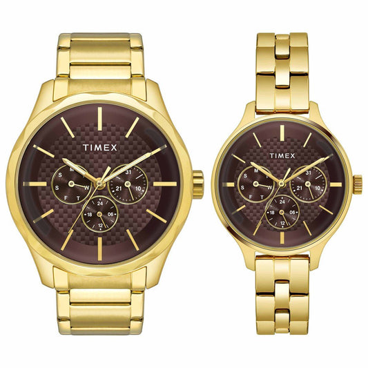 TIMEX FASHION COLLECTION PREMIUM QUALITY MULTIFUNCTION PAIR'S ANALOG BROWN DIAL COLOURED QUARTZ WATCH, ROUND DIAL WITH 44 MM CASE WIDTH - TW00PR297