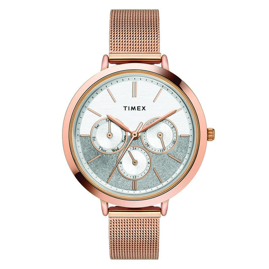 TIMEX FASHION WOMEN'S SILVER DIAL ROUND CASE MULTIFUNCTION FUNCTION WATCH -TWEL14503