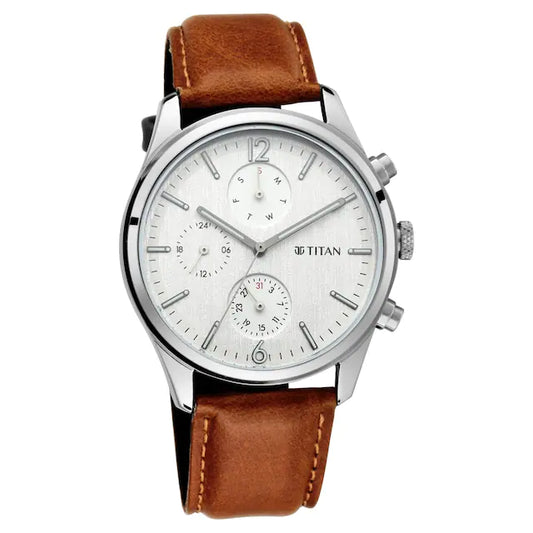 TITAN Workwear Watch with White Dial & Leather Strap NQ1805SL04