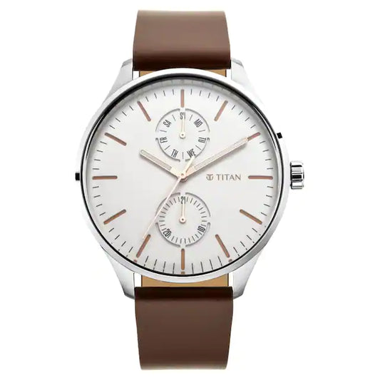 TITAN Evoke White Dial Brown Leather Strap Watch 1833SL02 / NQ1833SL02