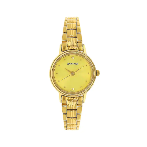 Sonata Champagne Dial Golden Metal Strap Watch NR8096YM02