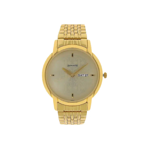 Sonata Champagne Dial Golden Stainless Steel Strap Watch NR77031YM04