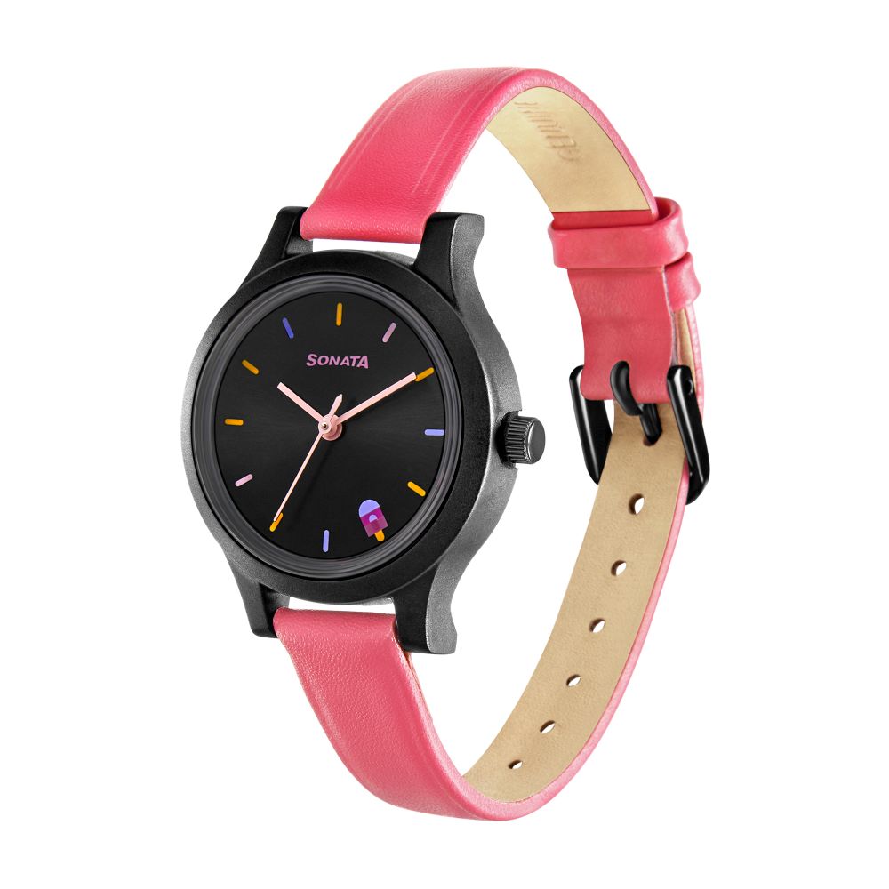 Play Watch With Black Dial & Pink Leather Strap NR87030PL07W