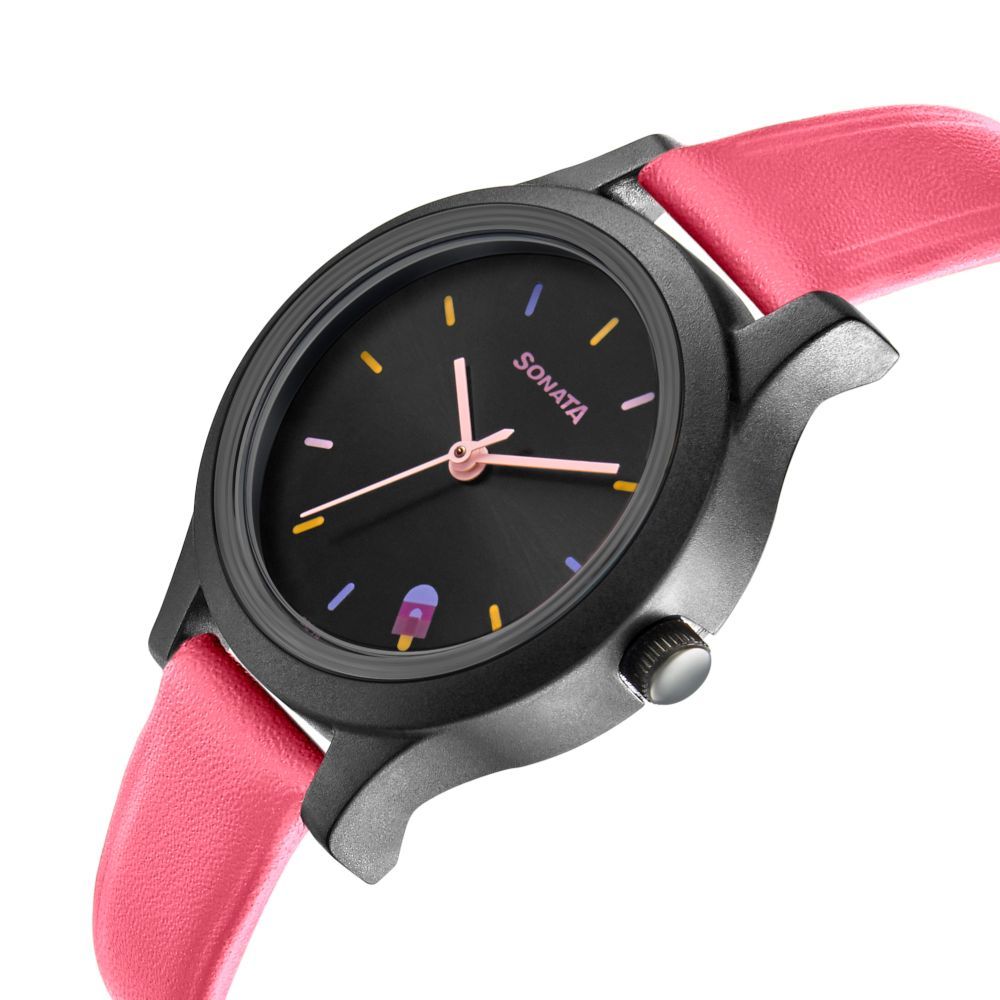 Play Watch With Black Dial & Pink Leather Strap NR87030PL07W