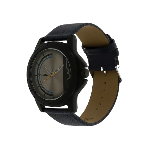 Grey Dial Black Leather Strap Watch NM77018PL02