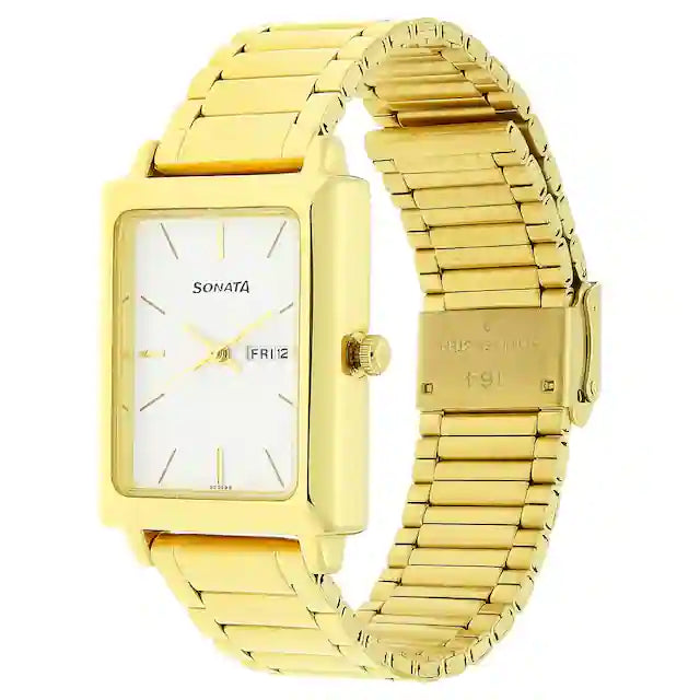 White Dial Golden Stainless Steel Strap Watch - NR7078YM03