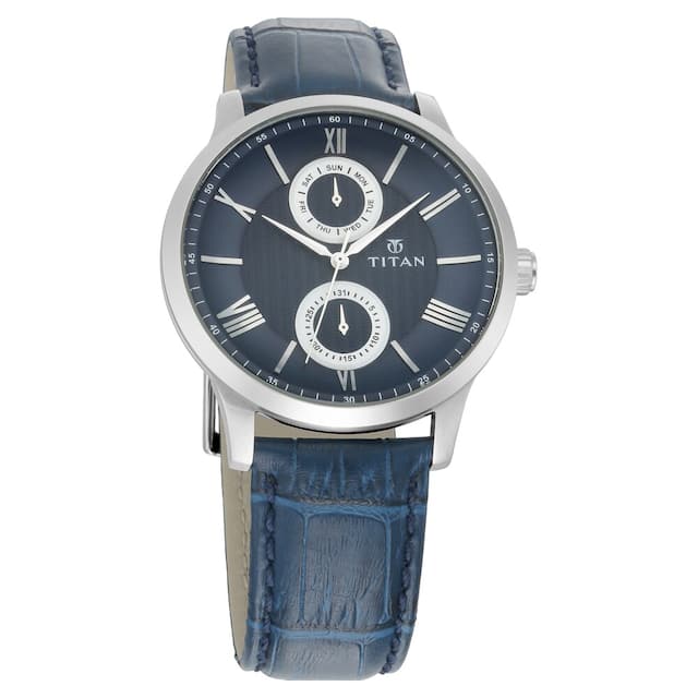 Titan On Trend Blue Dial Leather Strap Watch 90100SL02 (DJ771)