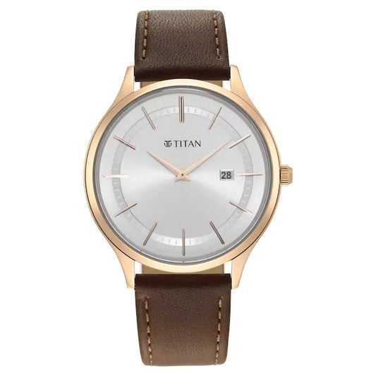 TITAN Classique Slimline Watch with Silver Dial & Brown Leather Strap NQ90142WL01