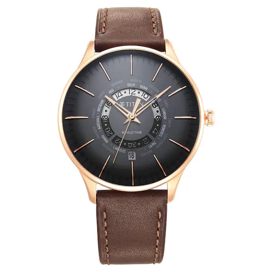 World Time Black Dial Leather Strap Watch 90145WL01 / NS90145WL01