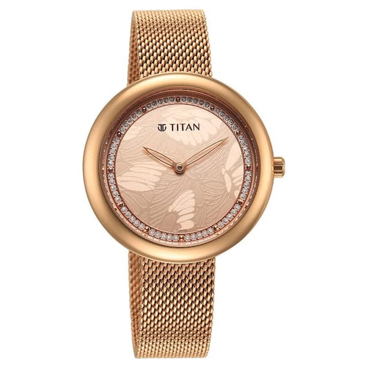 TITAN Glitz Rose Gold Dial Stainless Steel Strap Watch for Women 95210WM01