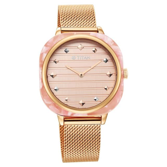 TITAN Glitz Rose Gold Dial Stainless Steel Strap Watch for Men 95212KM01