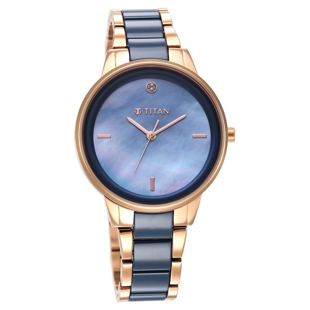 Titan Purple Ceramics Blue Dial Steel & Ceramic Strap Watch for Women 95213KD03