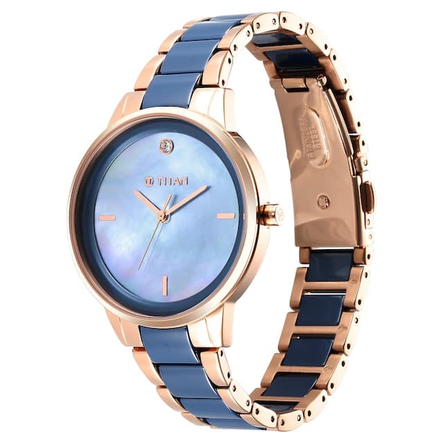 Titan Purple Ceramics Blue Dial Steel & Ceramic Strap Watch for Women 95213KD03