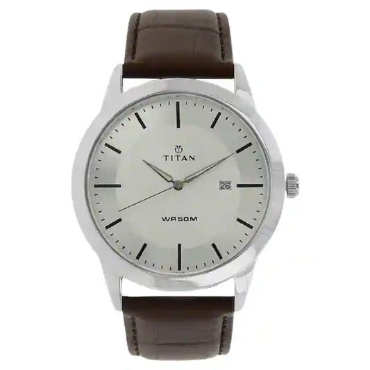 Titan Silver Dial Brown Leather Strap Watch NP1584SL03