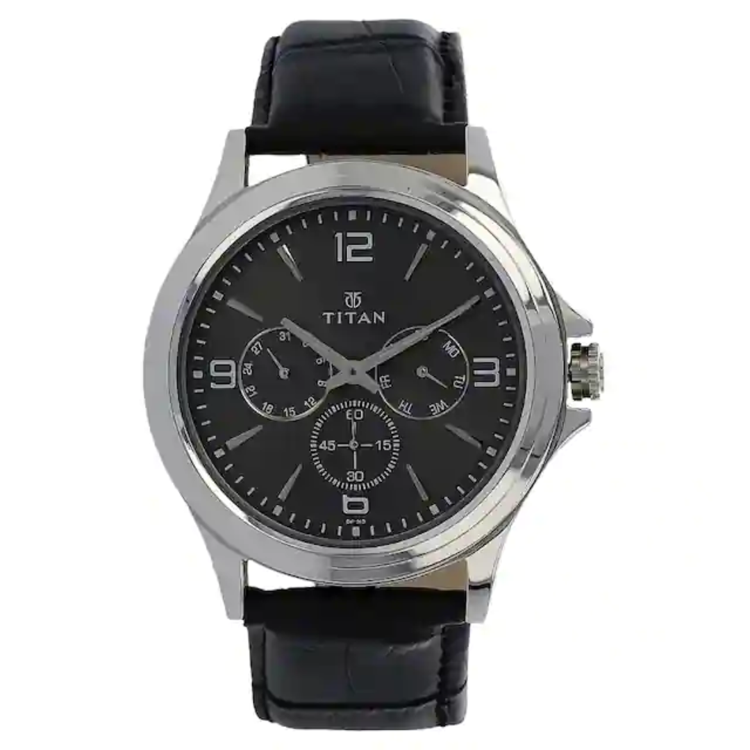 Titan Anthracite Dial Black Leather Strap Watch NP1698SL02