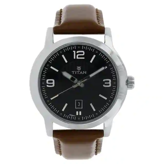 Titan Black Dial Brown Leather Strap Watch NP1730SL02