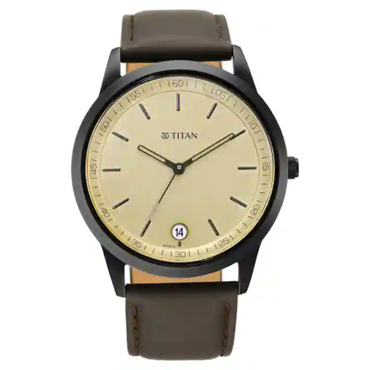 Titan Workwear Watch with Golden Dial & Leather Strap NP1806NL02 (DK824)