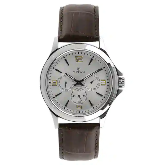 Titan Silver Dial Brown Leather Strap Watch NQ1698SL01 (DF310)