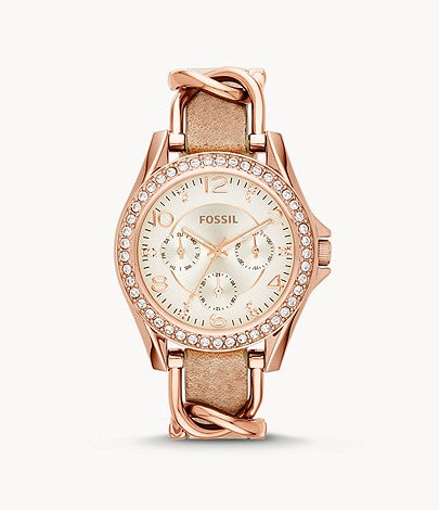 Riley Multifunction Rose-Tone & Sand Leather Watch ES3466