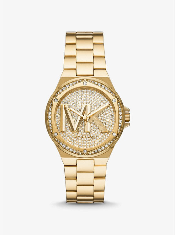 Lennox Pavé Logo Gold-Tone Logo Watch MK7229