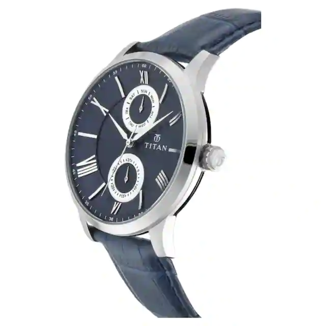 Titan On Trend Blue Dial Leather Strap Watch 90100SL02 (DJ771)