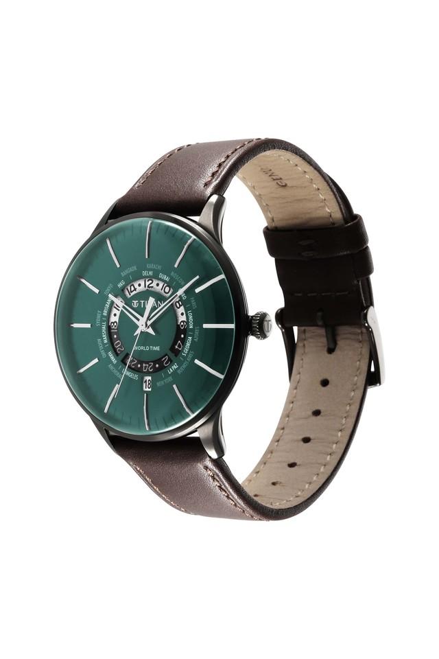 Titan World Time Green Dial Leather Strap Watch 90145QL01