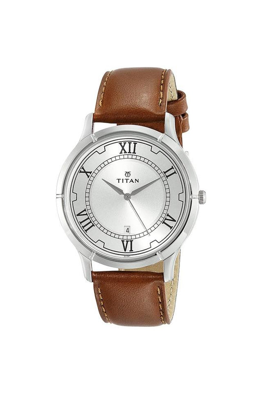 Titan Silver Dial Brown Leather Strap Watch NP1775SL01