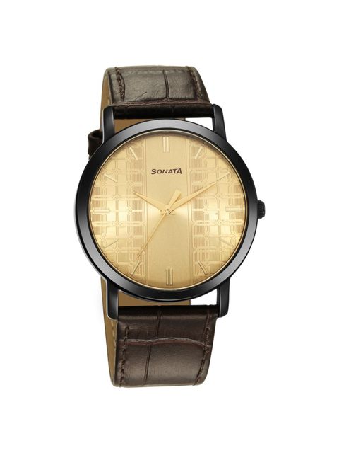 Utsav Golden Dial Leather Strap Watch NR99701NL01