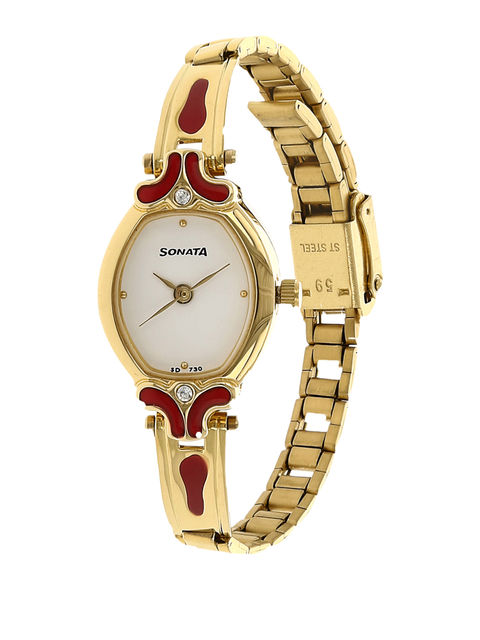 Sonata White Dial Golden Stainless Steel Strap Watch NR8068YM04