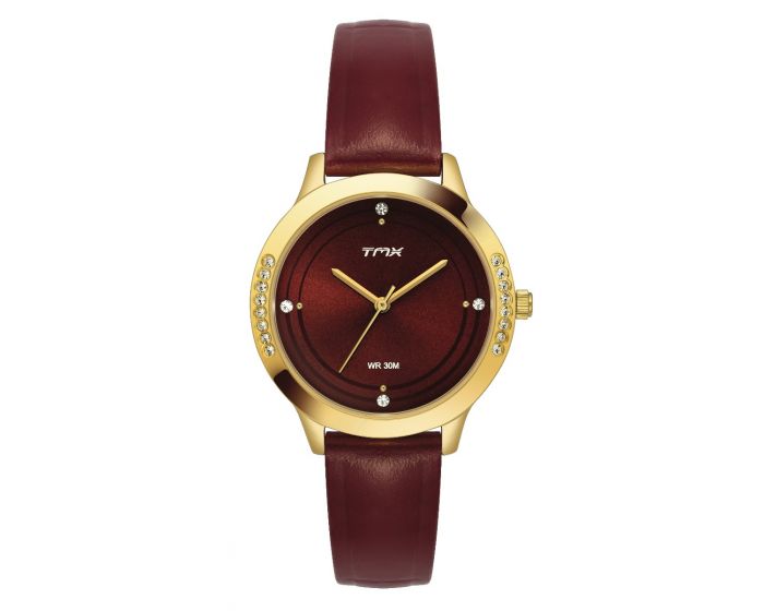 Crystal Studded Maroon Dial Leather Strap Watch TMTL10403T