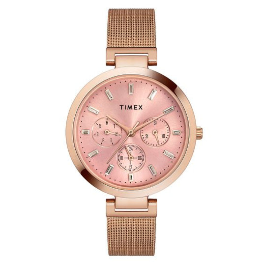 TIMEX FASHION WOMEN'S PINK DIAL ROUND CASE MULTIFUNCTION FUNCTION WATCH -TW000X242