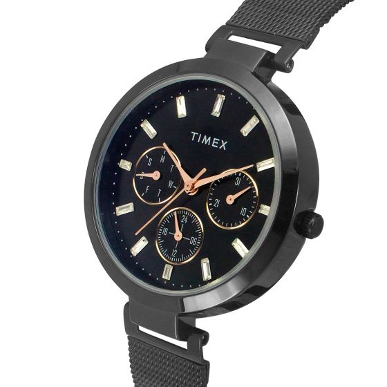 TIMEX FASHION WOMEN'S BLACK DIAL ROUND CASE MULTIFUNCTION FUNCTION WATCH -TW000X243