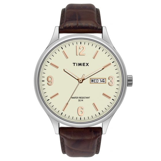 TIMEX FASHION MEN'S BEIGE DIAL ROUND CASE DAY DATE FUNCTION WATCH -TWEG18401