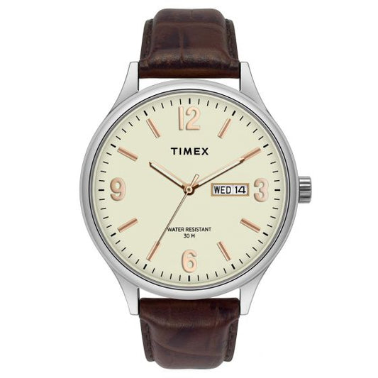 TIMEX FASHION MEN'S BEIGE DIAL ROUND CASE DAY DATE FUNCTION WATCH -TWEG18401