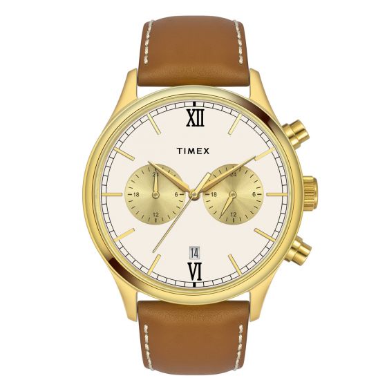 TIMEX FASHION MEN'S BEIGE DIAL ROUND CASE DUAL TIME FUNCTION WATCH -TWEG19806