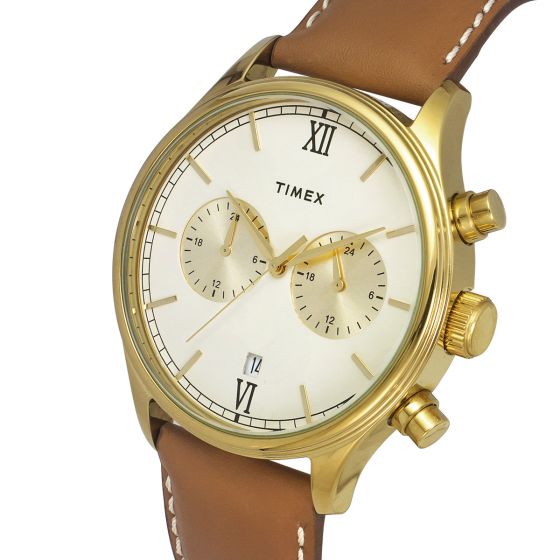 TIMEX FASHION MEN'S BEIGE DIAL ROUND CASE DUAL TIME FUNCTION WATCH -TWEG19806