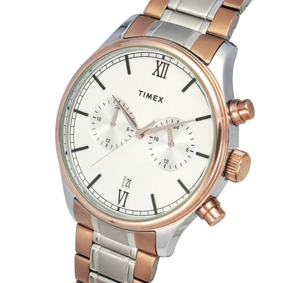 TIMEX FASHION MEN'S SILVER DIAL ROUND CASE DUAL TIME FUNCTION WATCH -TWEG19810