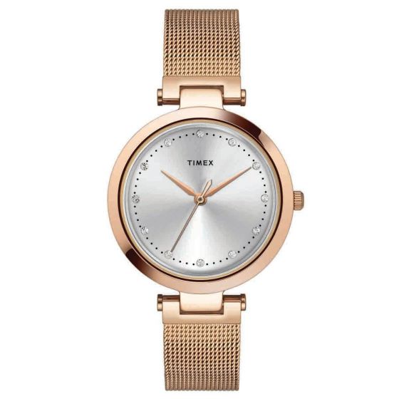 TIMEX PREMIUM SILVER DIAL WATCH WITH ROSE GOLD MESH BRACELET-TWEL11823