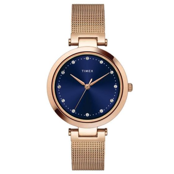 TIMEX PREMIUM BLUE DIAL WATCH WITH ROSE GOLD MESH BRACELET-TWEL11824