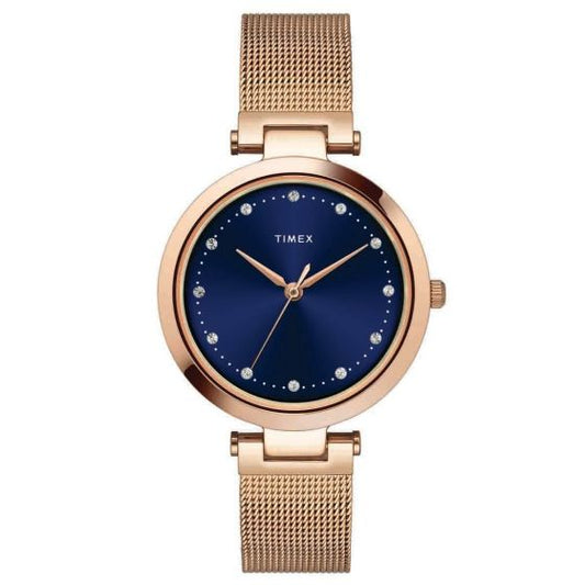 TIMEX PREMIUM BLUE DIAL WATCH WITH ROSE GOLD MESH BRACELET-TWEL11824