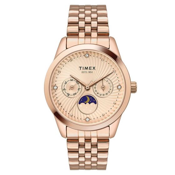 TIMEX MOON PHASE MULTIFUNCTION ANALOG ROSE GOLD DIAL WOMEN'S WATCH-TWEL13105