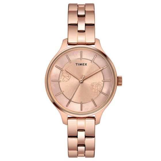 TIMEX LADIES PINK FLORAL DIAL WATCH WITH ROSE GOLD BRACELET-TWEL14808